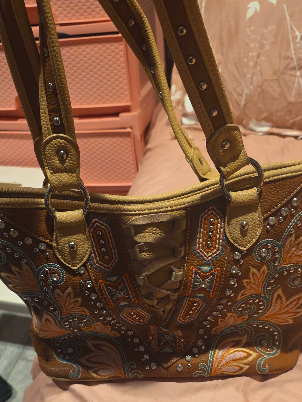 Women’s Embroidered Tan Leather Tote Bag with Stud Details